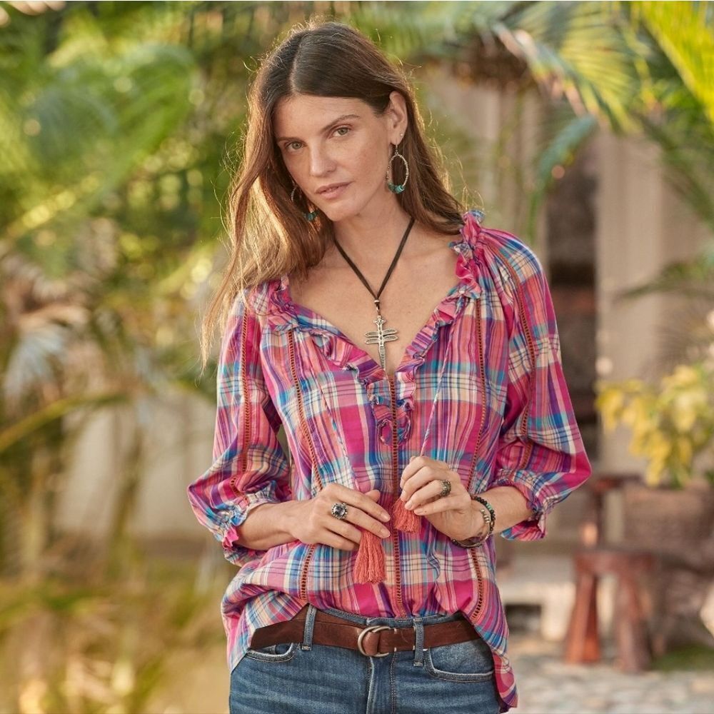 Sundance Tender Plaid Peasant Top Size XS